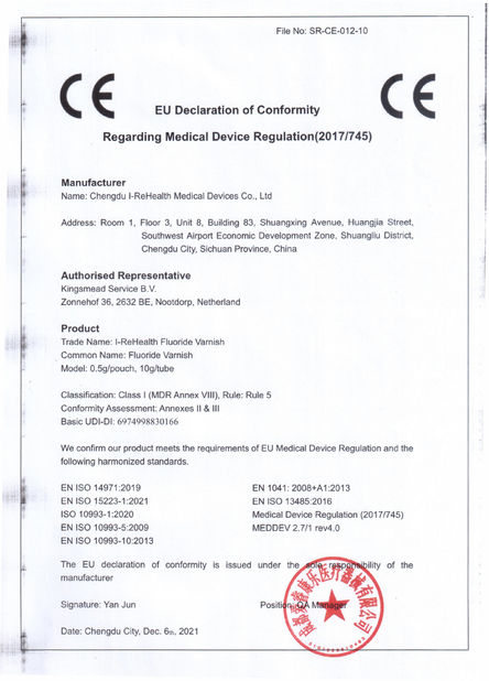 China Chengdu I-ReHealth Medical Devices Co., Ltd Certificações